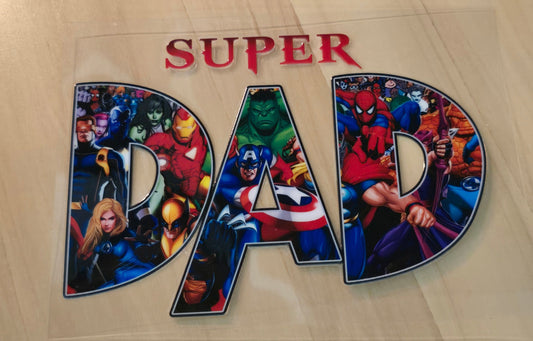 Colorful superhero-themed sticker, Super Dad with superhero filling in the letters DAD