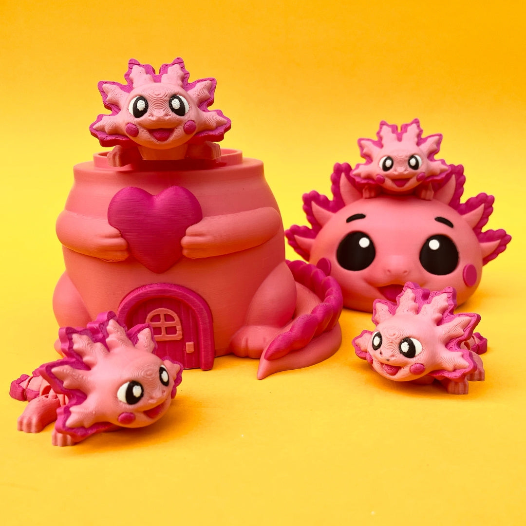 3D Printed Axolotl House with Screw Lid & Axolotls – Fun Hidden Surprise Container