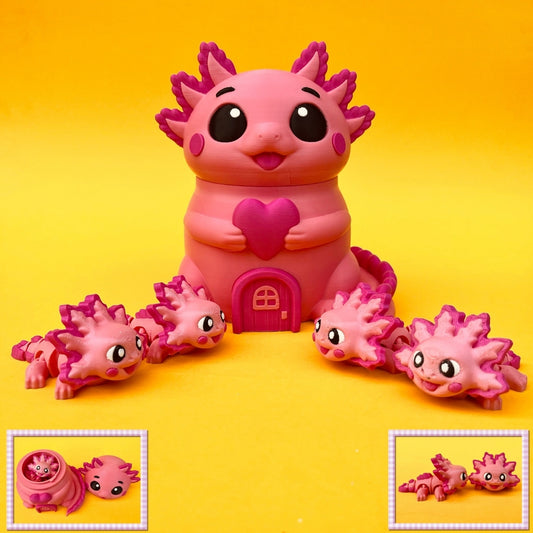 3D Printed Axolotl House with Screw Lid & Axolotls – Fun Hidden Surprise Container