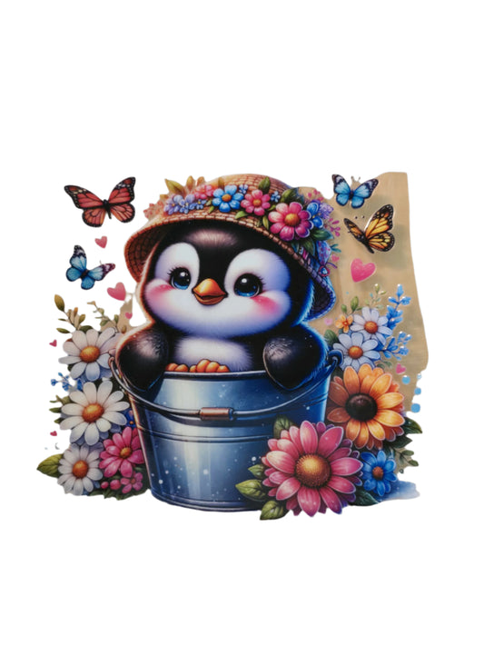 Sticker of a penguin with flowers and butterflies 